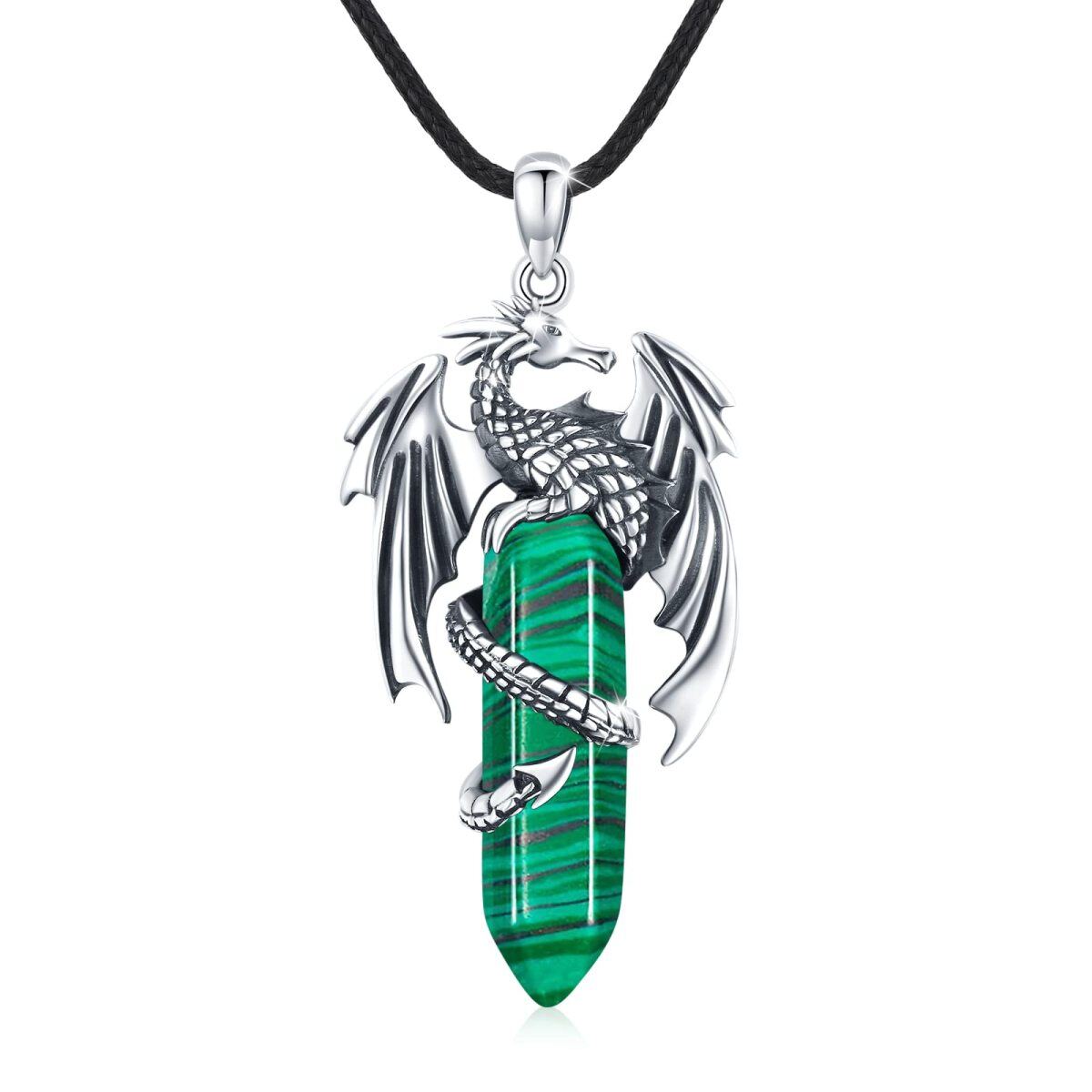 Sterling Silver Malachite Dragon Pendant Necklace-1