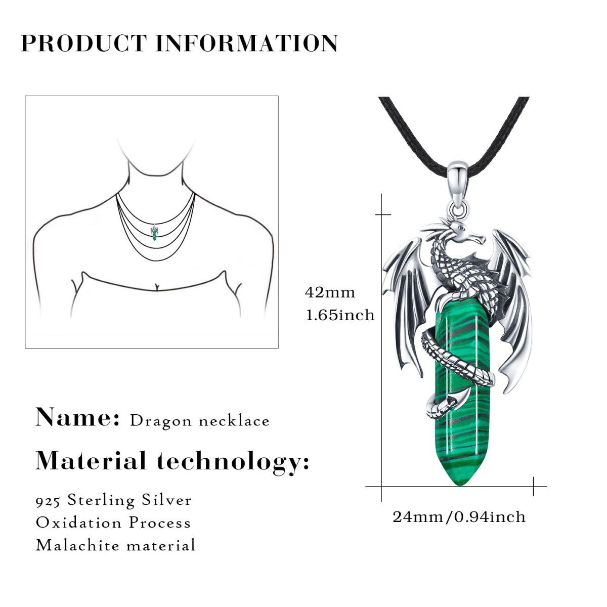 Halskette mit Drachenanhänger aus Sterlingsilber mit Malachit-6