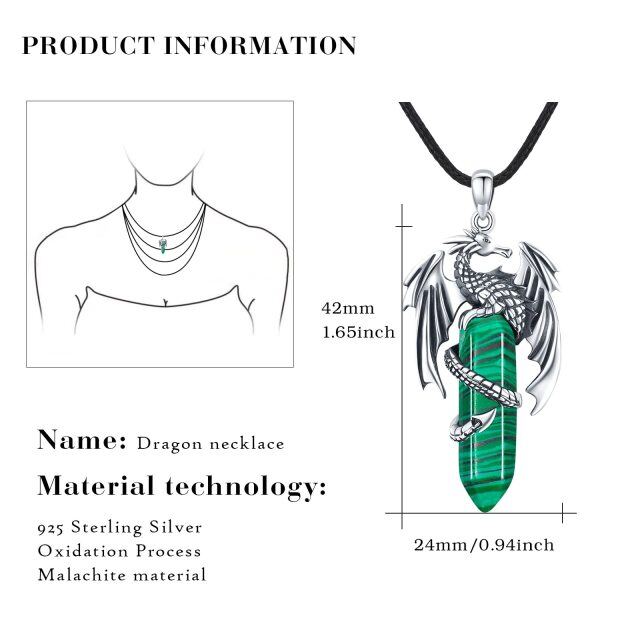 Sterling Silver Malachite Dragon Pendant Necklace-5