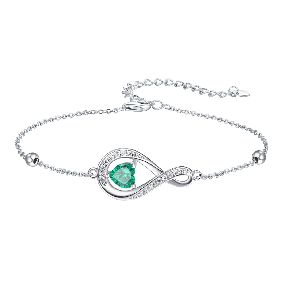 Sterling Silver Heart Shaped Cubic Zirconia Personalized Birthstone & Heart & Infinity Symbol Pendant Bracelet-1