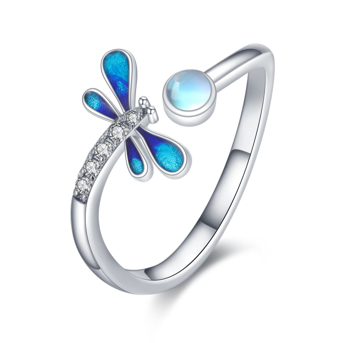 Sterling Silver Circular Shaped Cubic Zirconia & Moonstone Dragonfly Open Ring-1