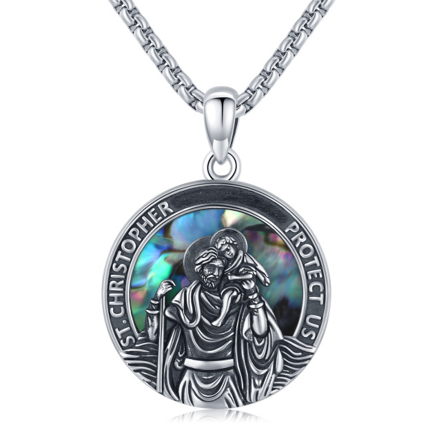 Sterling Silver Abalone Shellfish Saint Christopher Pendant Necklace with Engraved Word for Men-1