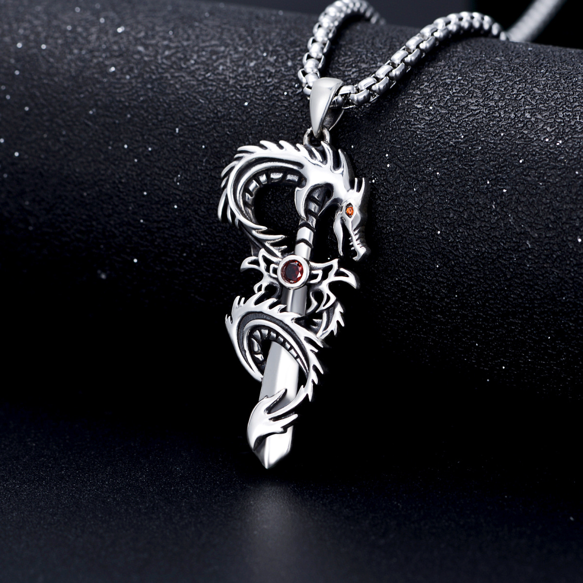 Sterling Silver Cubic Zirconia Dragon & Sword Pendant Necklace for Men-5