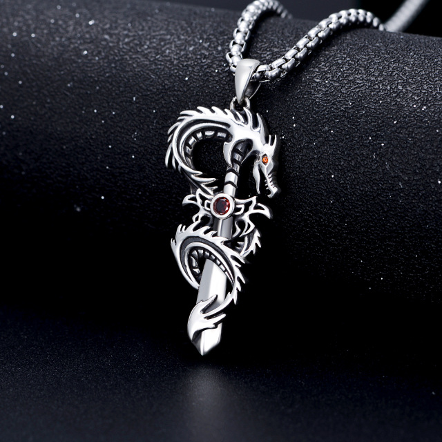 Sterling Silver Cubic Zirconia Dragon & Sword Pendant Necklace for Men-4