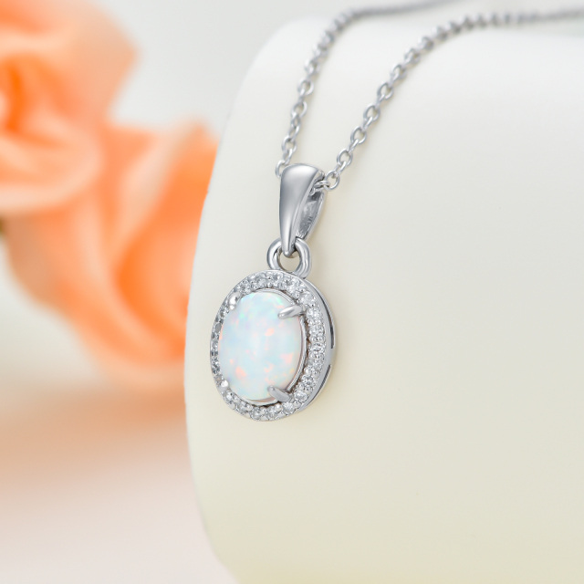 Sterling Silver Round Diamond & Opal Oval Shaped Pendant Necklace-3