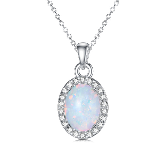 Sterling Silber Runde Diamant & Opal Oval geformt Anhänger Halskette-0