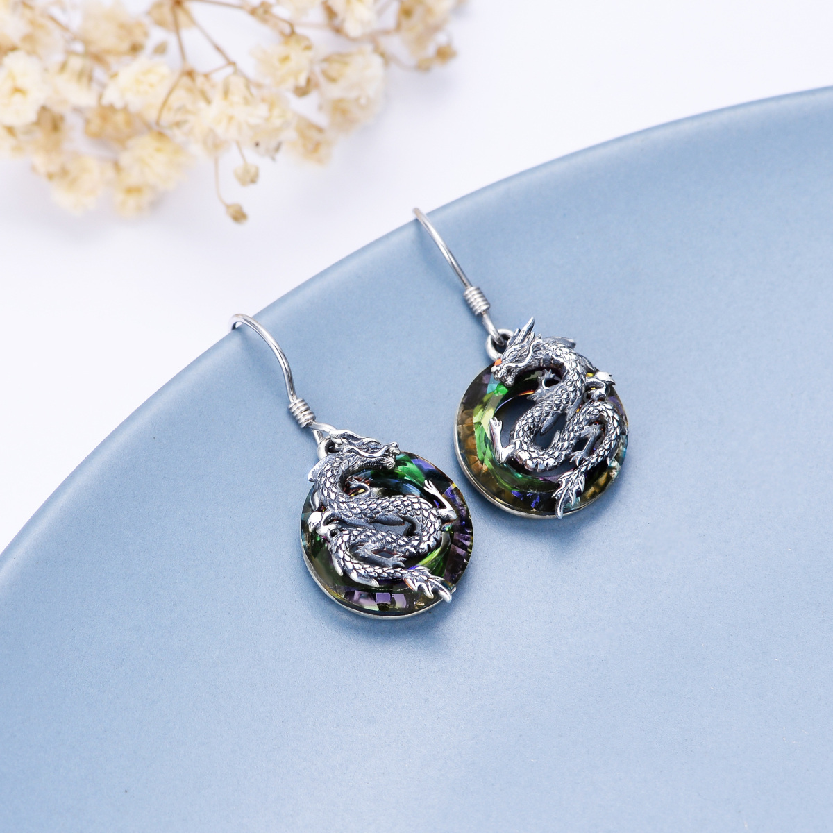 Sterling Silver Circular Shaped Crystal Dragon Drop Earrings-4