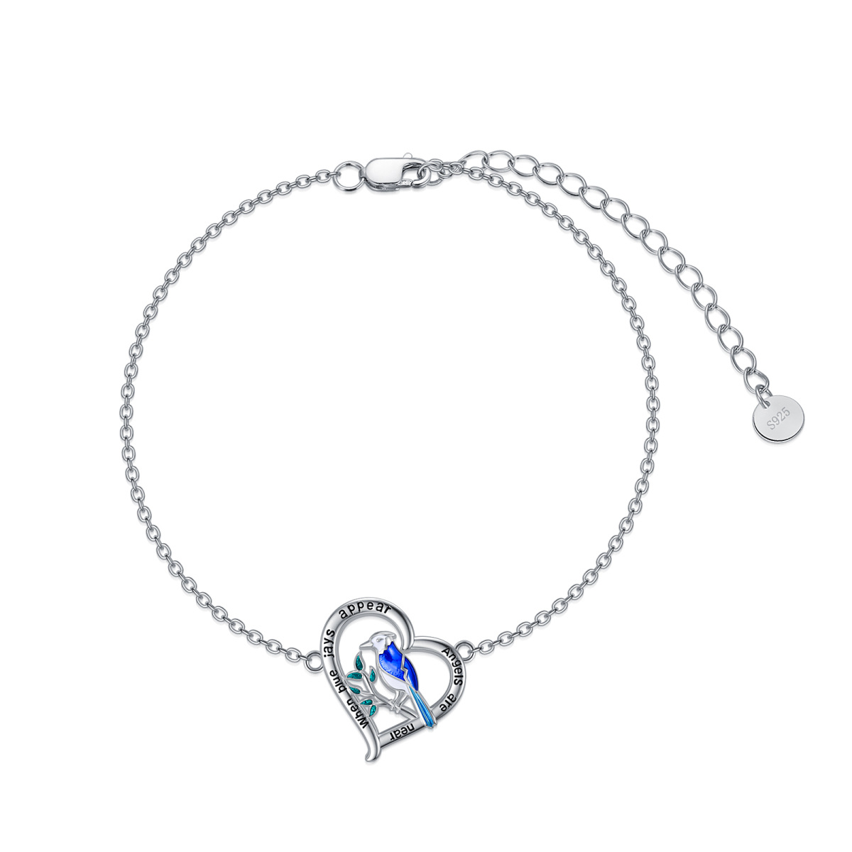 Bracelet en argent sterling avec pendentif oiseau et coeur avec mot gravé-1