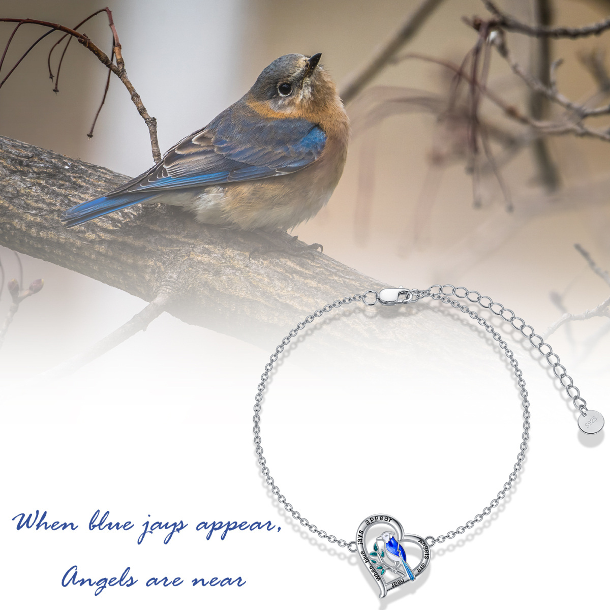 Bracelet en argent sterling avec pendentif oiseau et coeur avec mot gravé-5