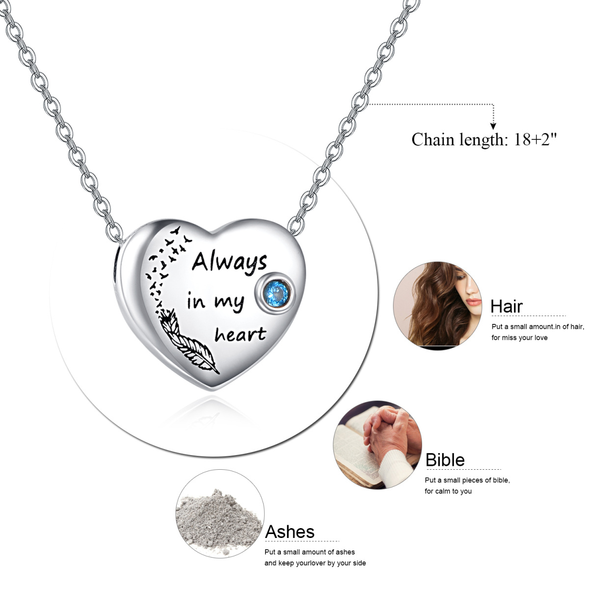 Sterling Silver Round Zircon Heart Urn Necklace for Ashes with Engraved Word-5