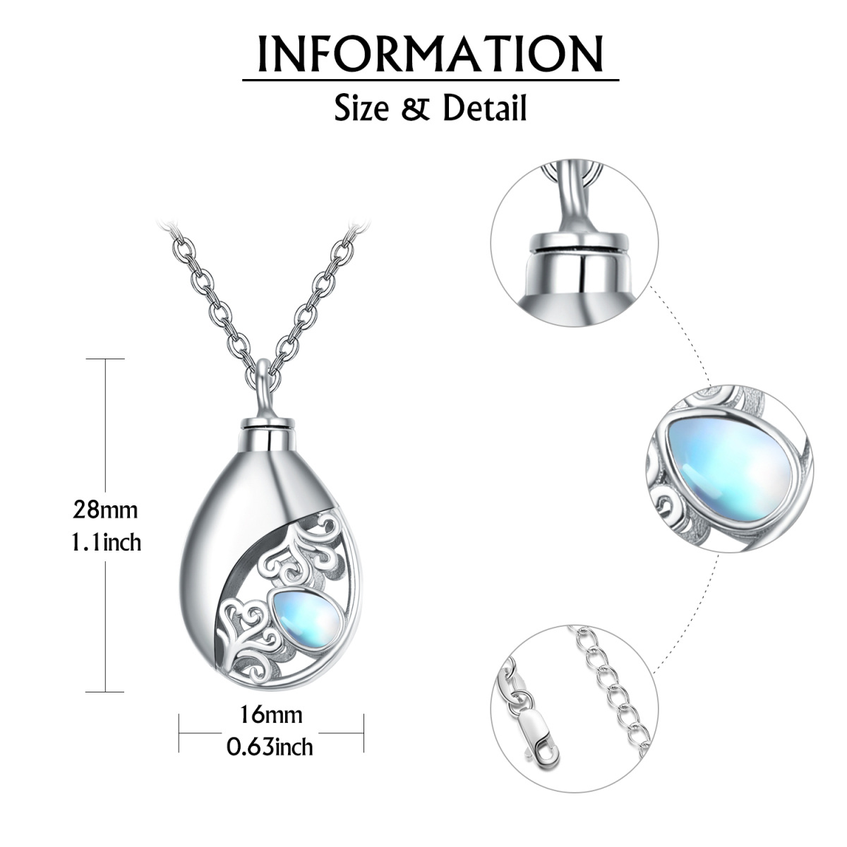 Collar de plata de ley con forma de gota de piedra de luna Urna para cenizas-6