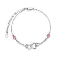 wholesale 925 Sterling Silver Adjustable Double Heart Pink Zirconia Chain Bracelet For Women-