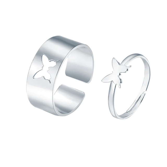 Anéis de casal em prata esterlina com borboleta -0