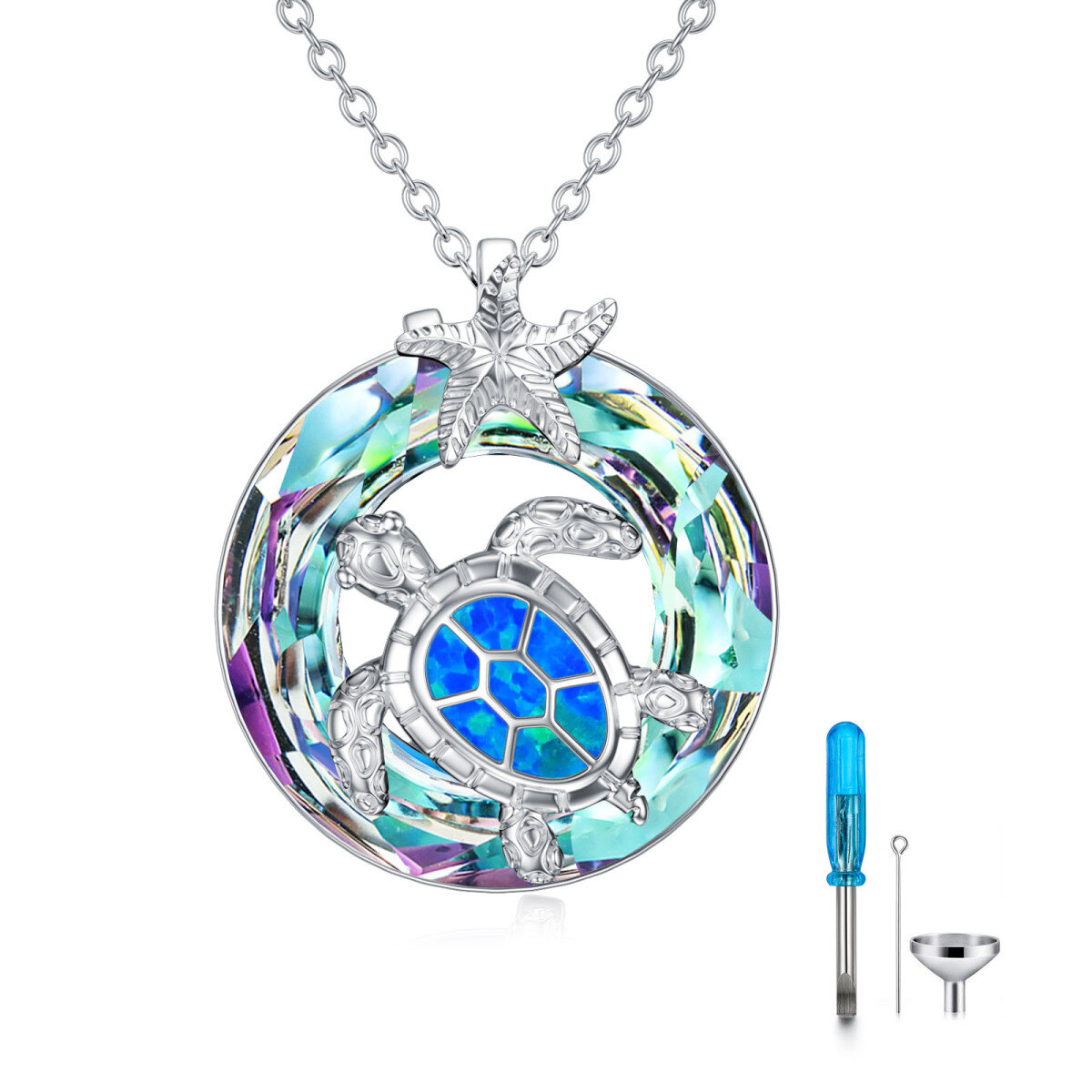 Sterling Silver Round Opal Sea Turtle & Starfish Urn Necklace for Ashes-1