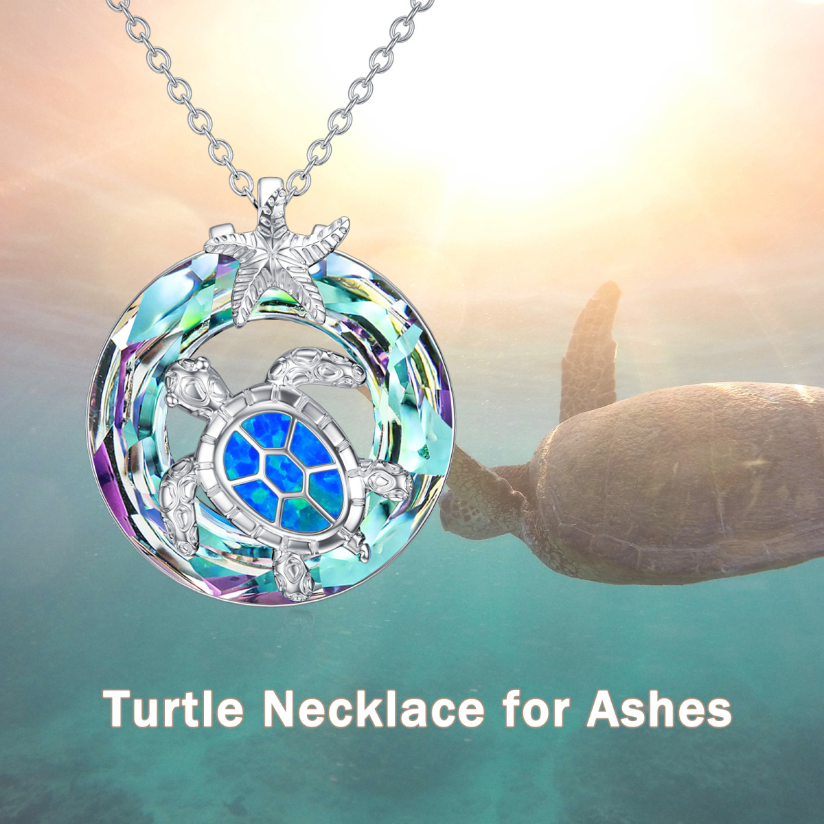 Sterling Silver Round Opal Sea Turtle & Starfish Urn Necklace for Ashes-6