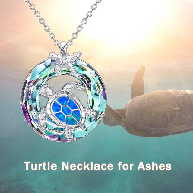 Sterling Silver Round Opal Sea Turtle & Starfish Urn Necklace for Ashes-5