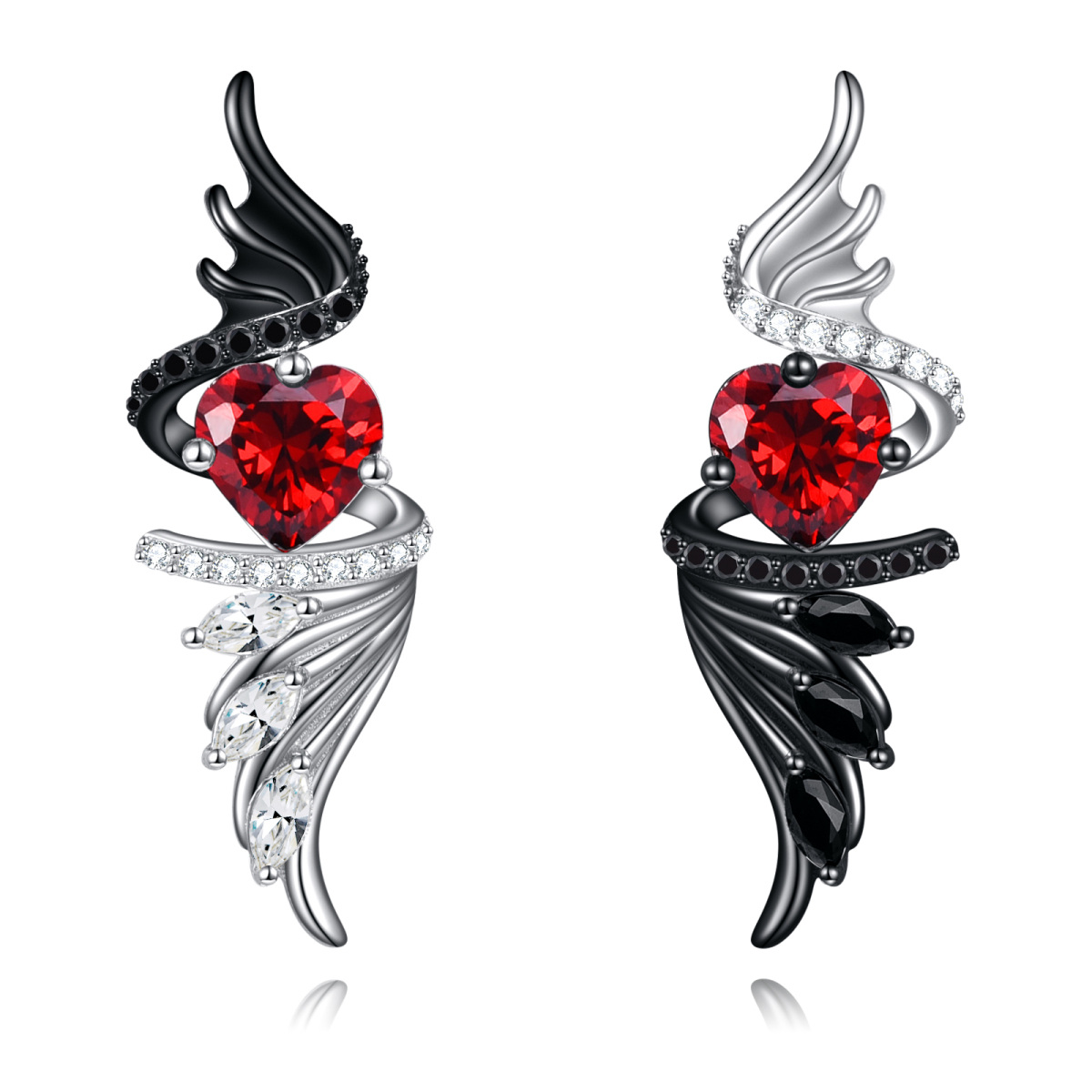 Sterling Silver Heart Zircon Angel Wings Stud Earrings-1