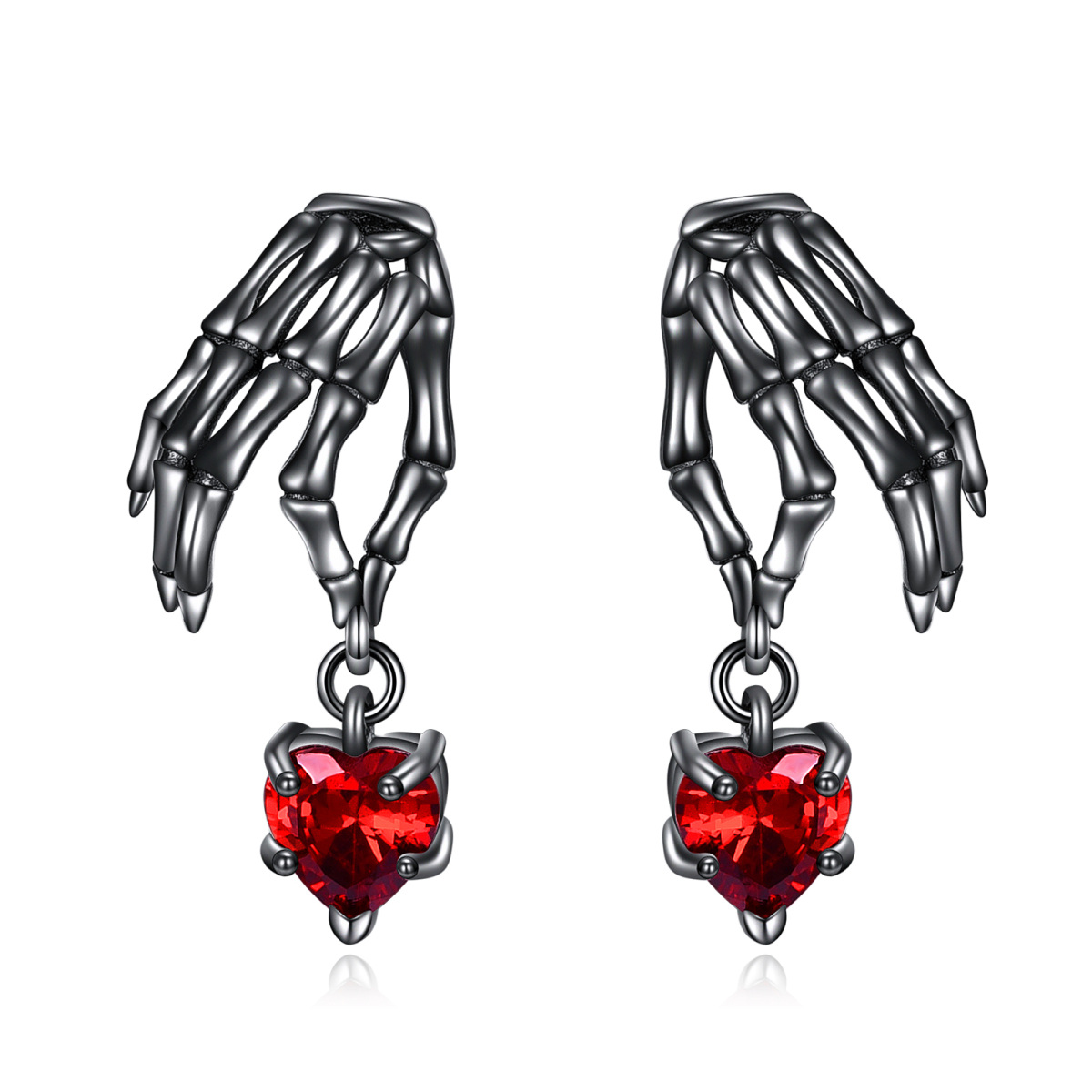 Sterling Silver with Black Rhodium Color Heart Cubic Zirconia Heart & Skull Drop Earrings-1