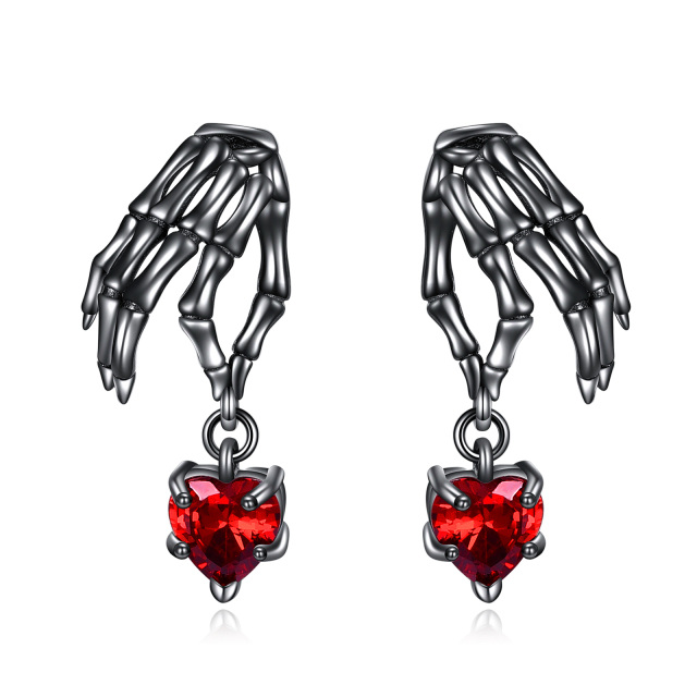 Sterling Silver with Black Rhodium Color Heart Cubic Zirconia Heart & Skull Drop Earrings-0