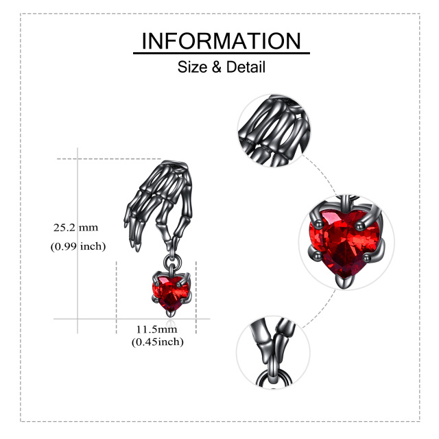 Sterling Silver with Black Rhodium Color Heart Cubic Zirconia Heart & Skull Drop Earrings-4