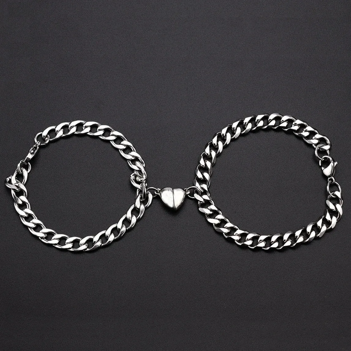 Sterling Silver Cuban Chain Magnetic Heart Pendant Couple Bracelet-5