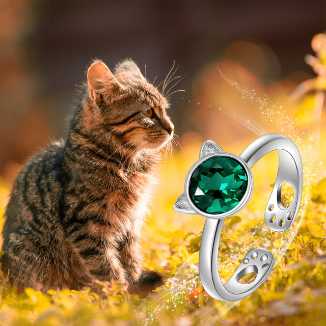Anel aberto de cristal de gato em prata de lei em forma circular-4