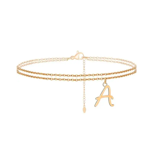Sterling Silver with Yellow Gold Plated Personalized Initial Letter Multi-layered Anklet