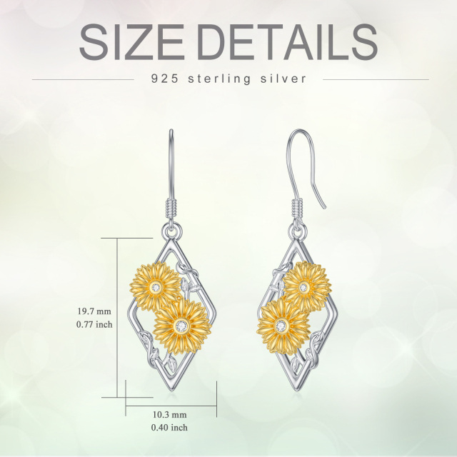 Sterling Silver Two-tone Cubic Zirconia Sunflower Drop Earrings-5