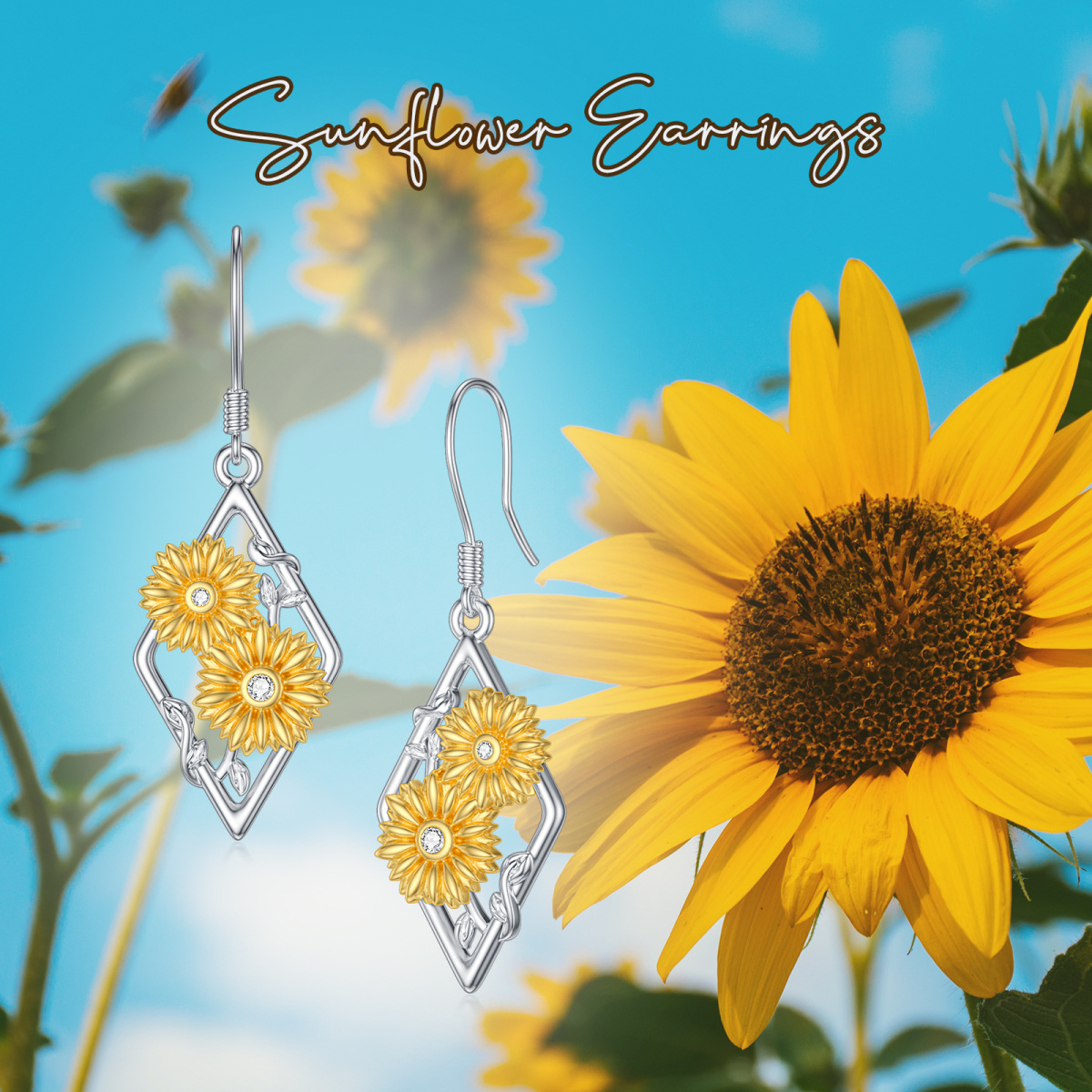 Sterling Silver Two-tone Cubic Zirconia Sunflower Drop Earrings-6