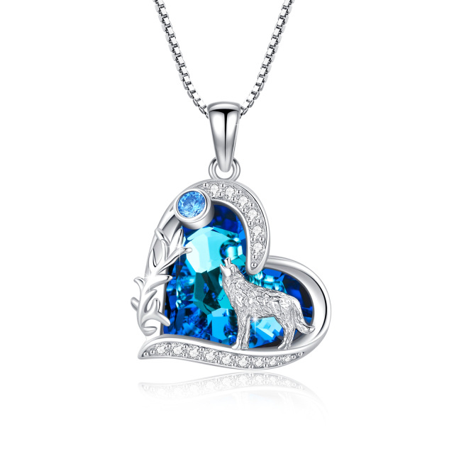 Sterling Silver Heart Shaped Wolf & Heart Crystal Pendant Necklace-0