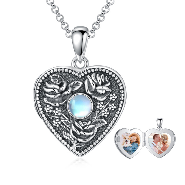 Sterling Silver Circular Shaped Moonstone Rose & Personalized Photo & Heart Personalized Photo Locket Necklace-2