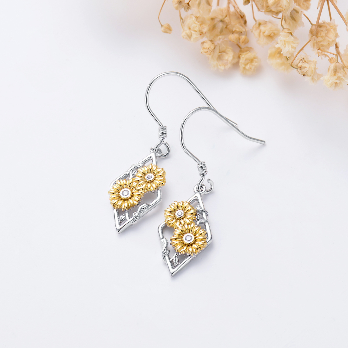 Sterling Silver Two-tone Cubic Zirconia Sunflower Drop Earrings-3