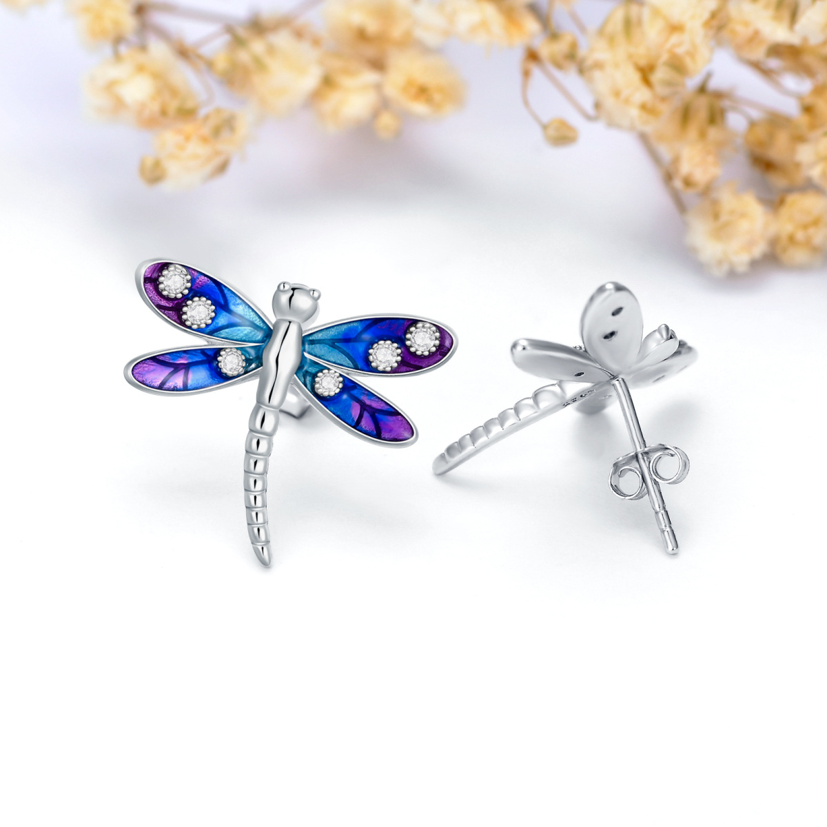 Sterling Silver Cubic Zirconia Dragonfly Stud Earrings-3