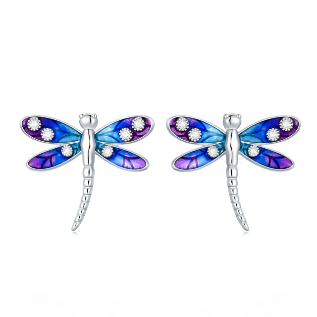 Sterling Silver Cubic Zirconia Dragonfly Stud Earrings-1