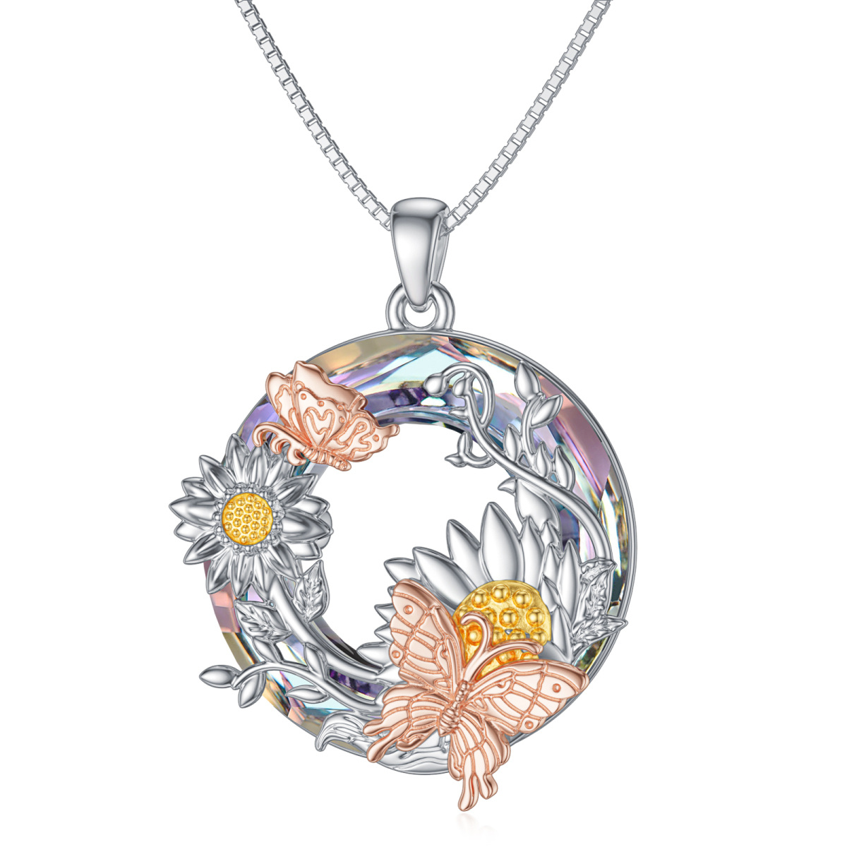 Sterling Silver Sunflower Crystal Pendant Necklace-1