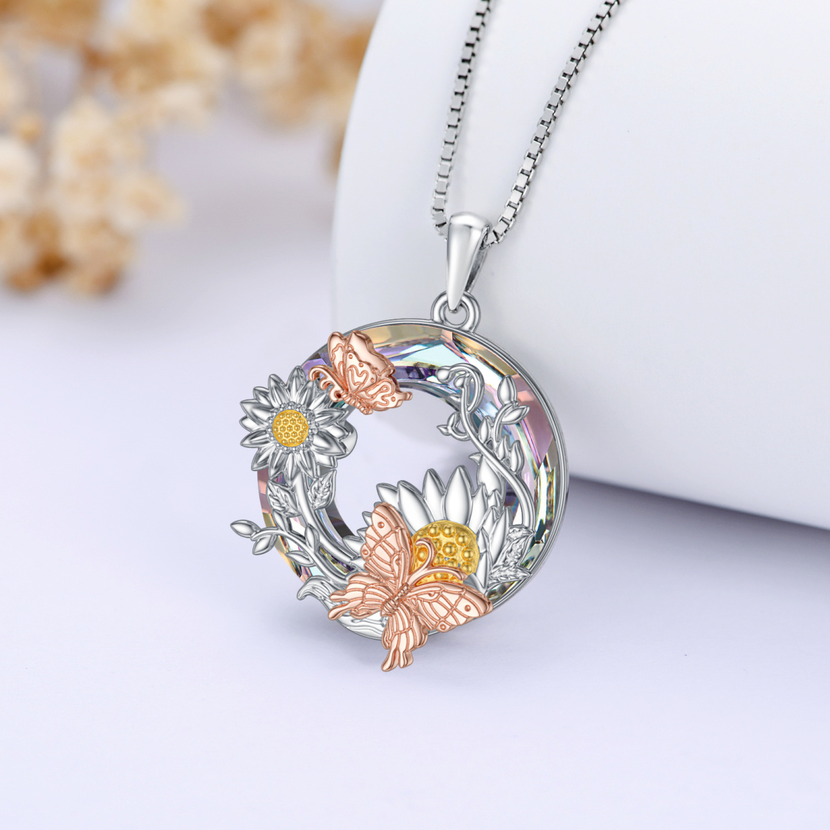 Sterling Silver Sunflower Crystal Pendant Necklace-6