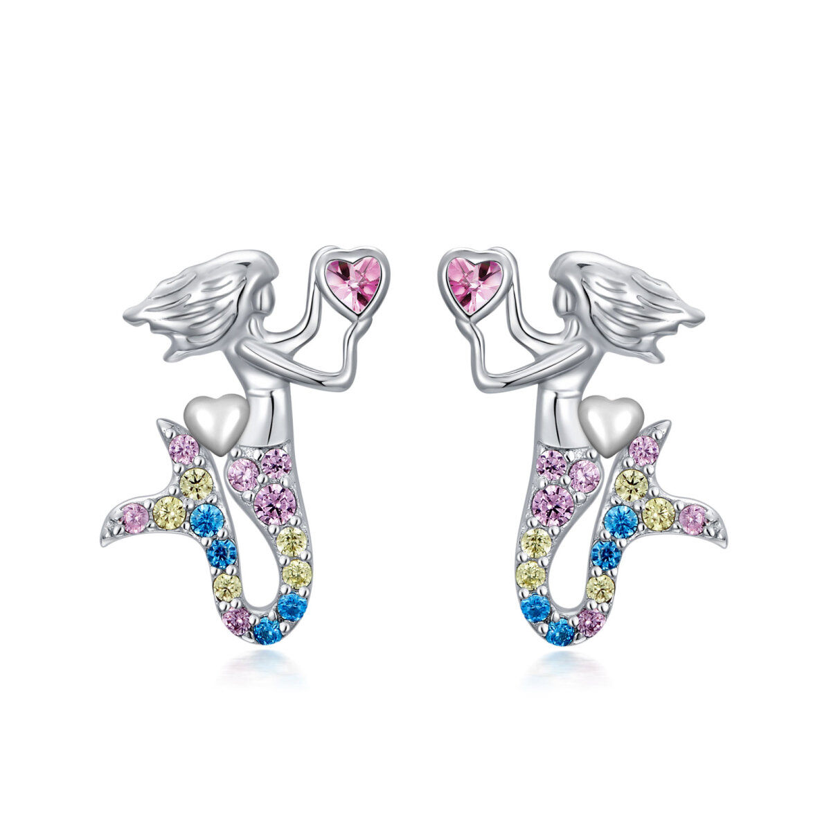 Sterling Silver Heart Shaped Cubic Zirconia Mermaid Stud Earrings-1