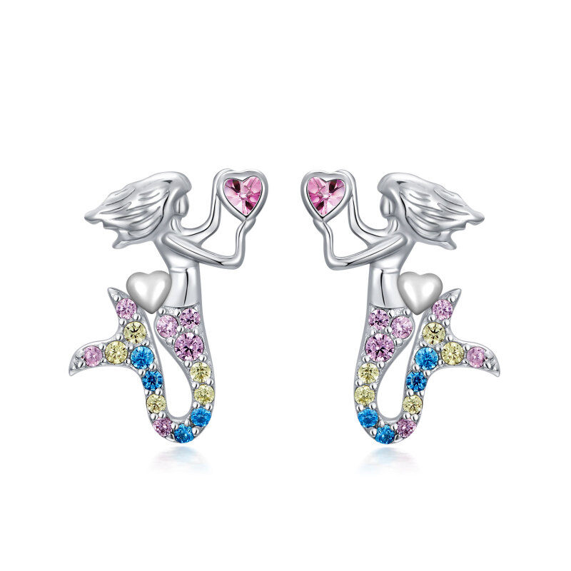 Sterling Silver Heart Shaped Cubic Zirconia Mermaid Stud Earrings