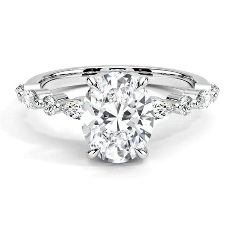 10K White Gold Oval Shaped Moissanite Personalized Engraving Engagement Ring-1