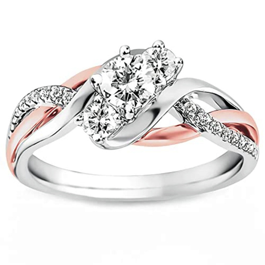 Srebrny, dwukolorowy, okrągły pierścionek zaręczynowy z moissanitem i spersonalizowanym grawerem