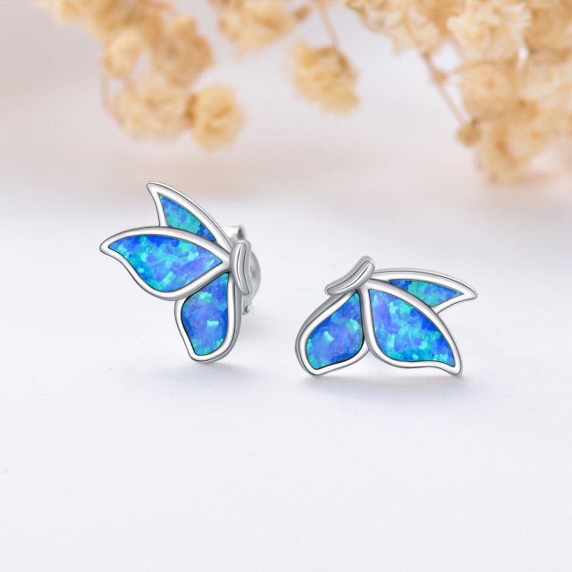 Sterling Silver Opal Butterfly Stud Earrings-2