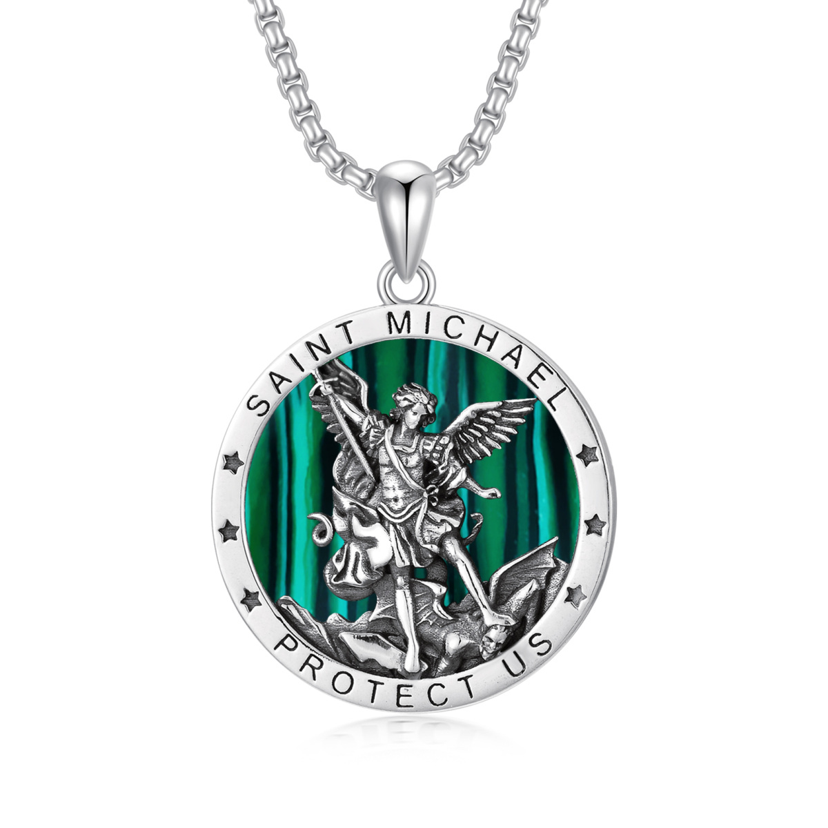 Sterling Silver Circular Shaped Abalone Shellfish Saint Michael Pendant Necklace with Engraved Word for Men-1