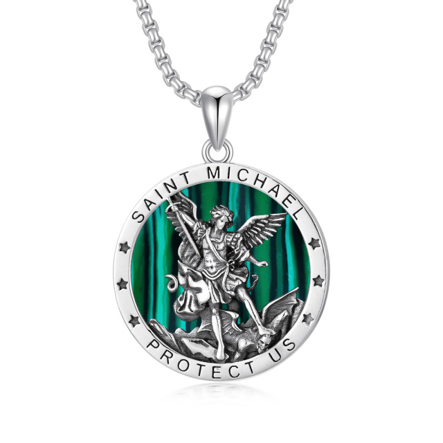 Sterling Silver Circular Shaped Abalone Shellfish Saint Michael Pendant Necklace with Engraved Word for Men-0
