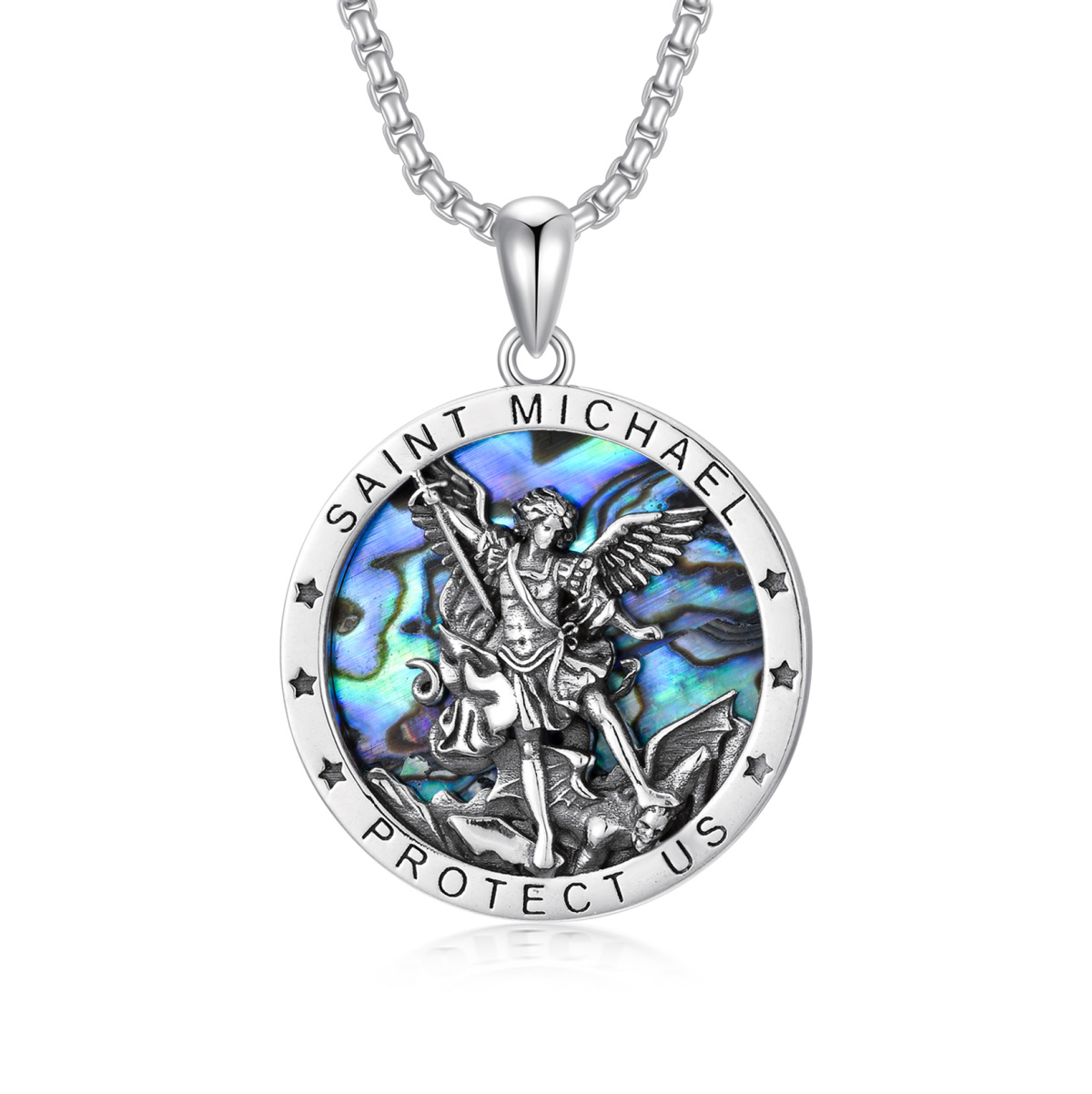 Sterling Silver Saint Michael & Star Pendant Necklace with Engraved Word-1