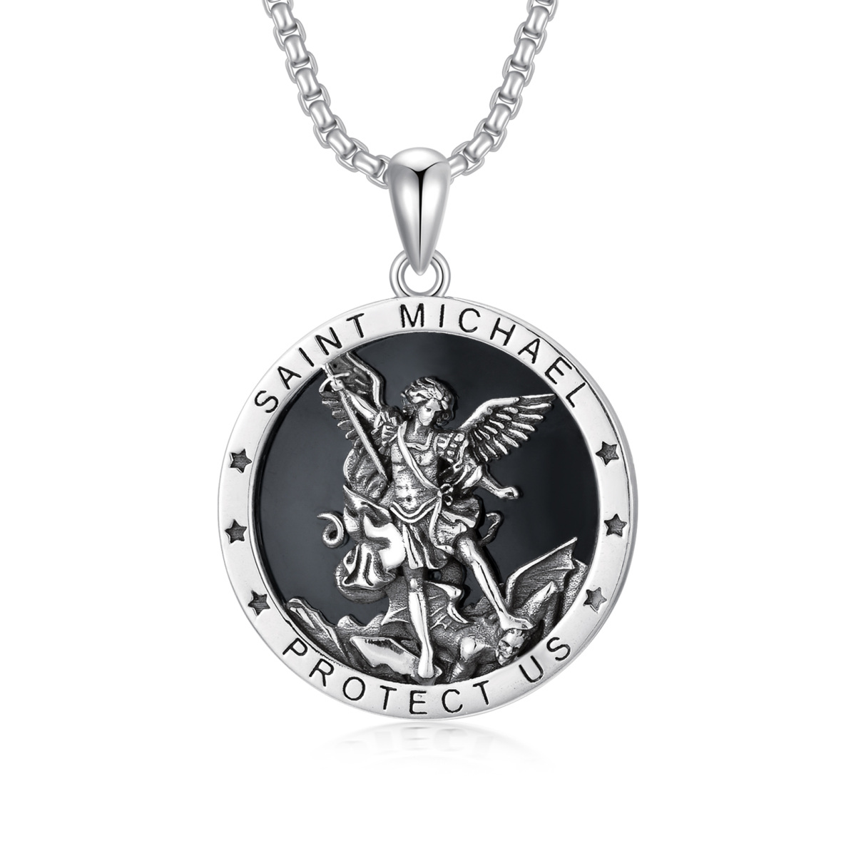 Sterling Silver Saint Michael Pendant Necklace with Engraved Word for Men-1