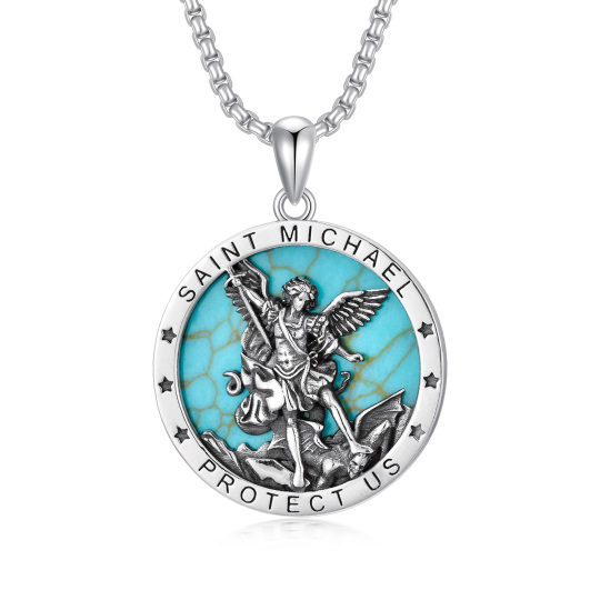 Collana con ciondolo di San Michele in argento sterling a forma di cerchio e turchese con parola incisa per uomo