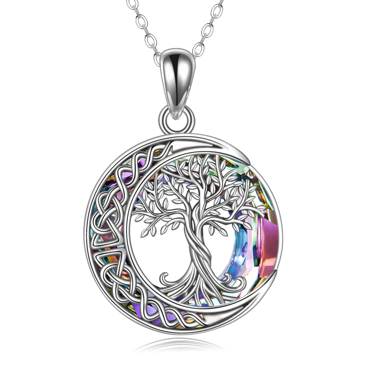 Sterling Silver Tree Of Life & Celtic Knot & Moon Crystal Pendant Necklace-1