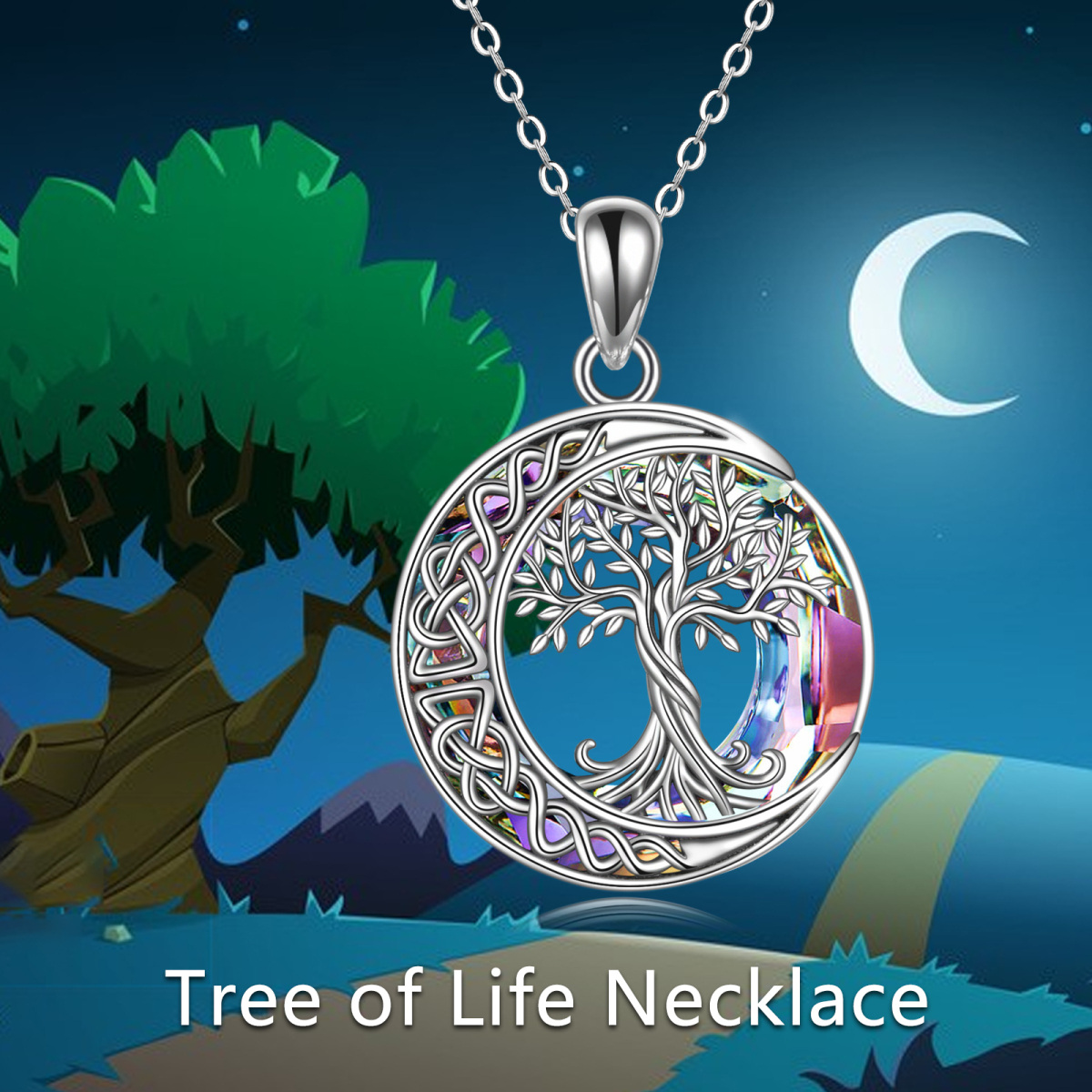 Sterling Silver Tree Of Life & Celtic Knot & Moon Crystal Pendant Necklace-6