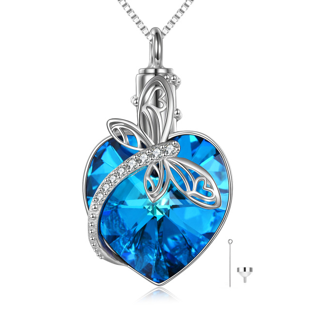 Sterling Silver Heart Shaped Crystal Dragonfly & Heart Urn Necklace for Ashes-0