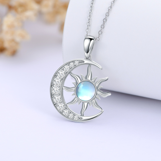 Sterling Silver Circular Shaped Moonstone Moon & Sun Pendant Necklace-2